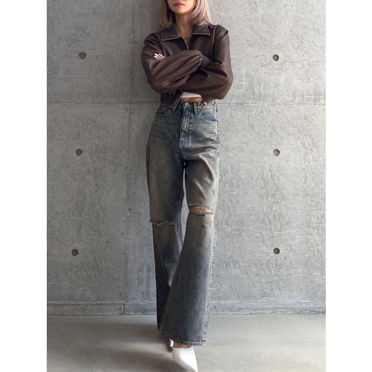 TINY】ハイウエストKNEEダメージワイドデニムパンツ[品番