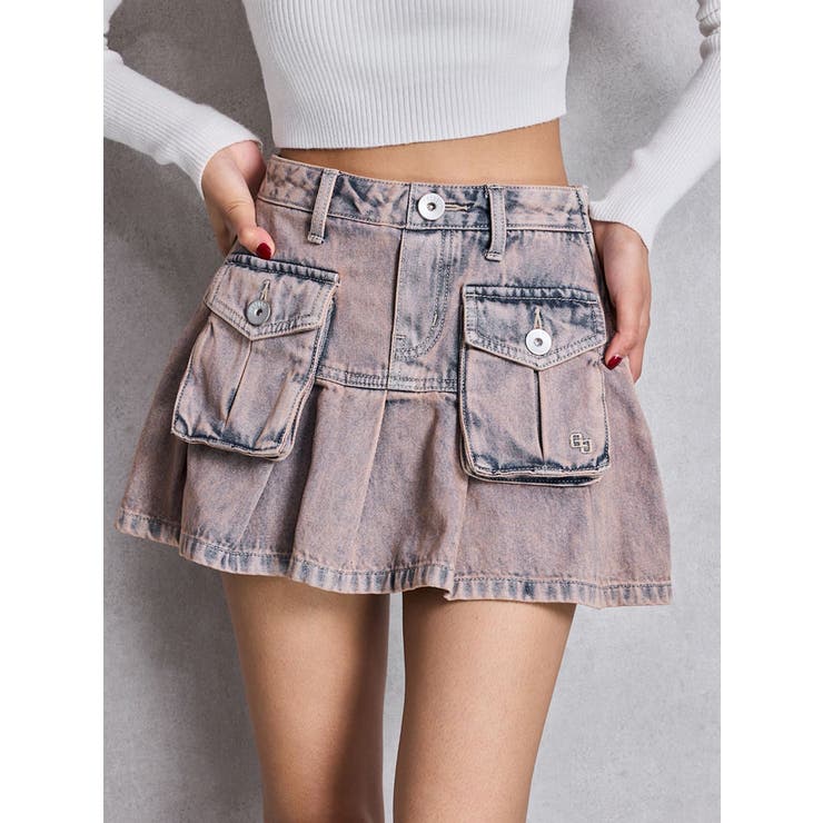 アイスブルー | ハイウエストGG POKETプリーツデニムスカートライクショートパンツ | GYDA