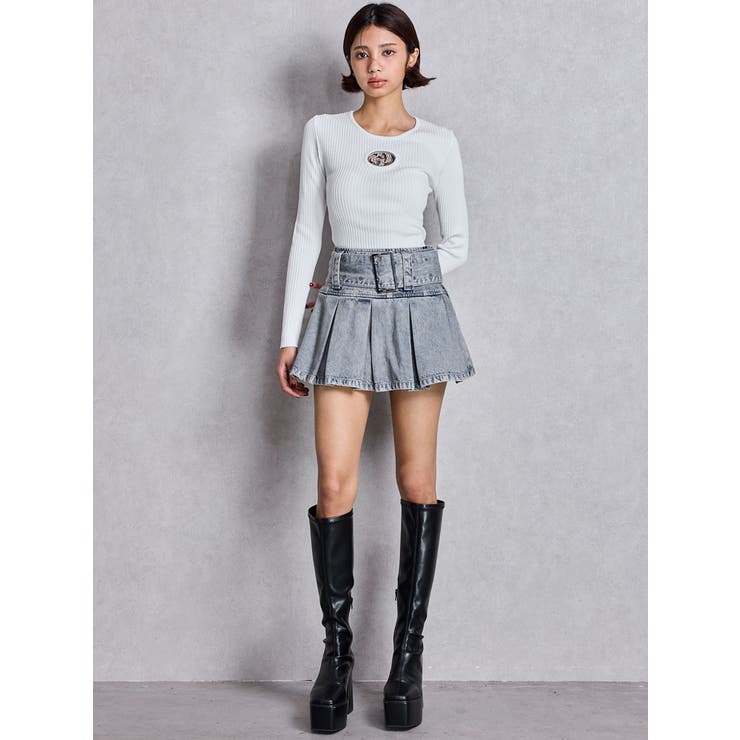 ハイウエストWIDE BELTプリーツデニムスカートライクショートパンツ | GYDA | 詳細画像10 