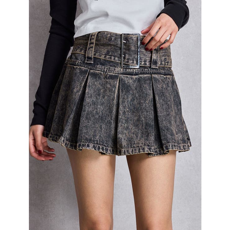 インディゴ | ハイウエストWIDE BELTプリーツデニムスカートライクショートパンツ | GYDA