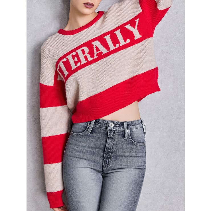 レッド | LITERALLYボーダーショートニットトップス | GYDA