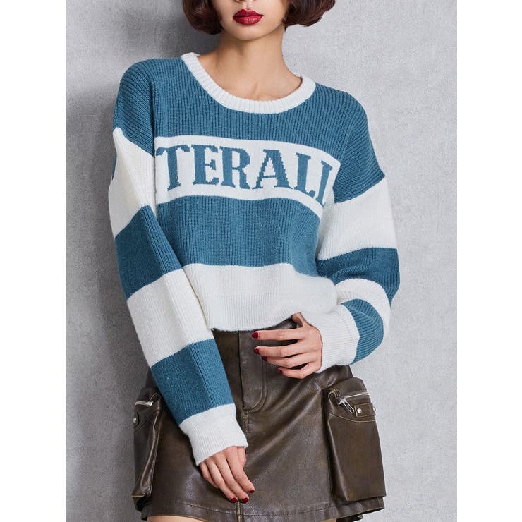 ブルー | LITERALLYボーダーショートニットトップス | GYDA