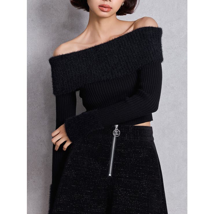 mix materialオフショルニットトップス[品番：MKSW0066502