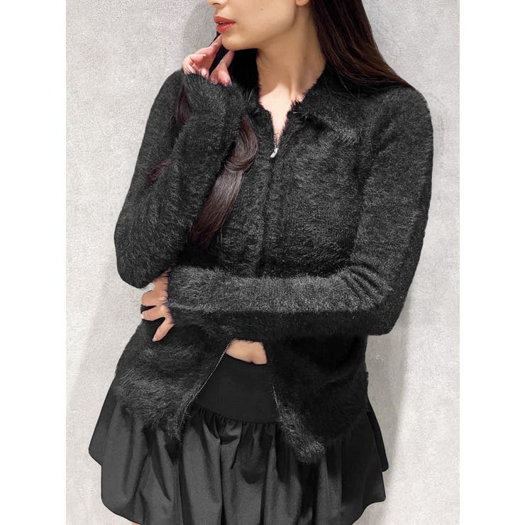 ブラック | 【TINY】W ZIPシャギーニットtunicトップス | GYDA