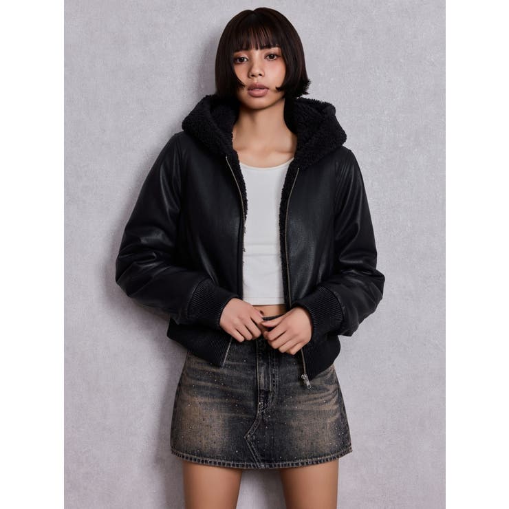 Hoodie Fake Leatherコート | GYDA | 詳細画像2 