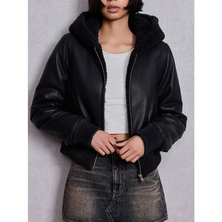 ブラック | Hoodie Fake Leatherコート | GYDA