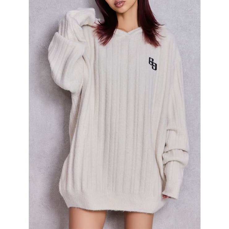 アイボリー | ランダムリブGG HOODIEニットチュニック | GYDA