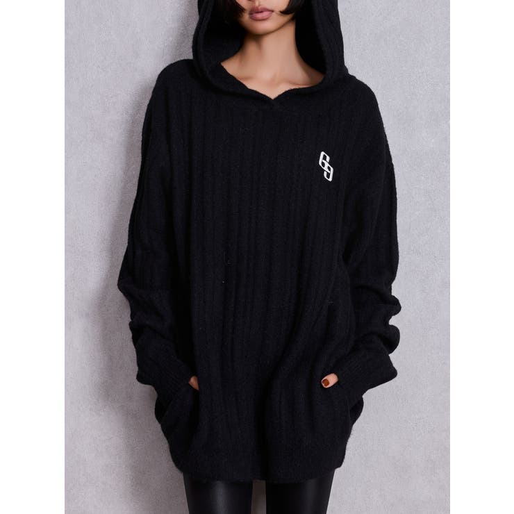 ブラック | ランダムリブGG HOODIEニットチュニック | GYDA