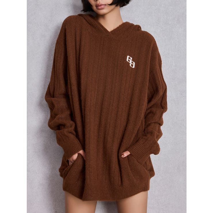 ブラウン | ランダムリブGG HOODIEニットチュニック | GYDA