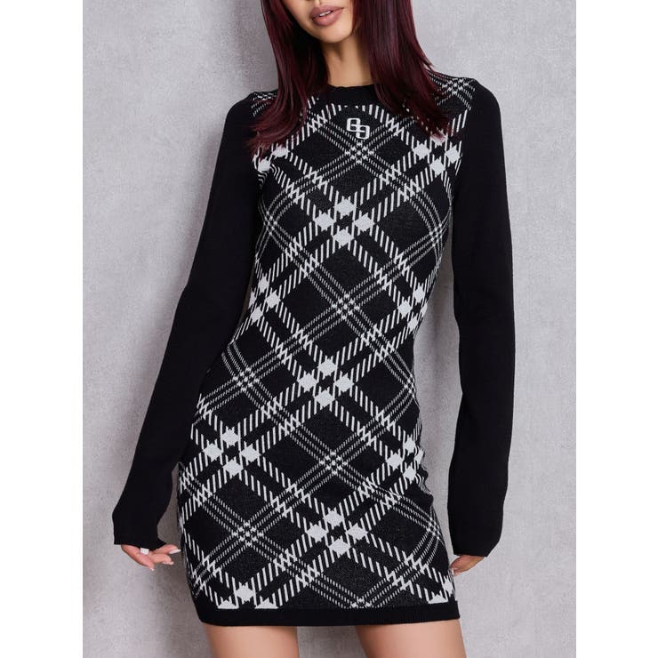 ブラック | GG embroideryラメCHECKニットワンピース | GYDA