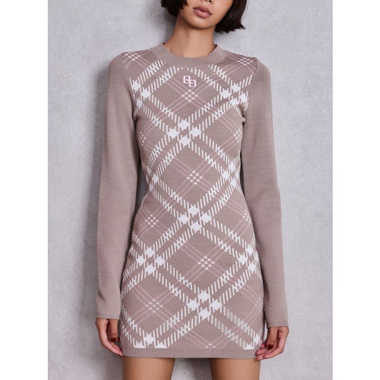 ベージュ | GG embroideryラメCHECKニットワンピース | GYDA