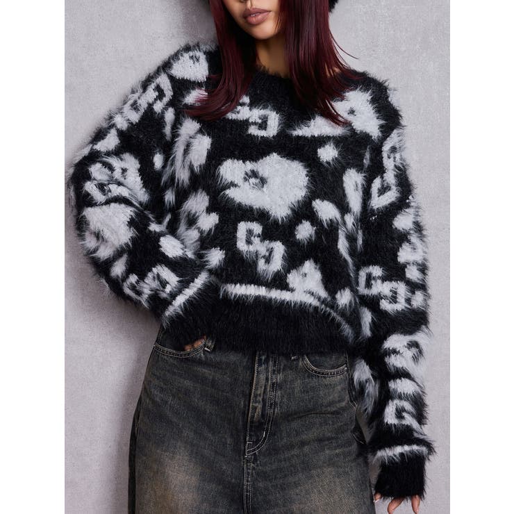 ブラック | GG Leopardシャギーショートニットトップス | GYDA