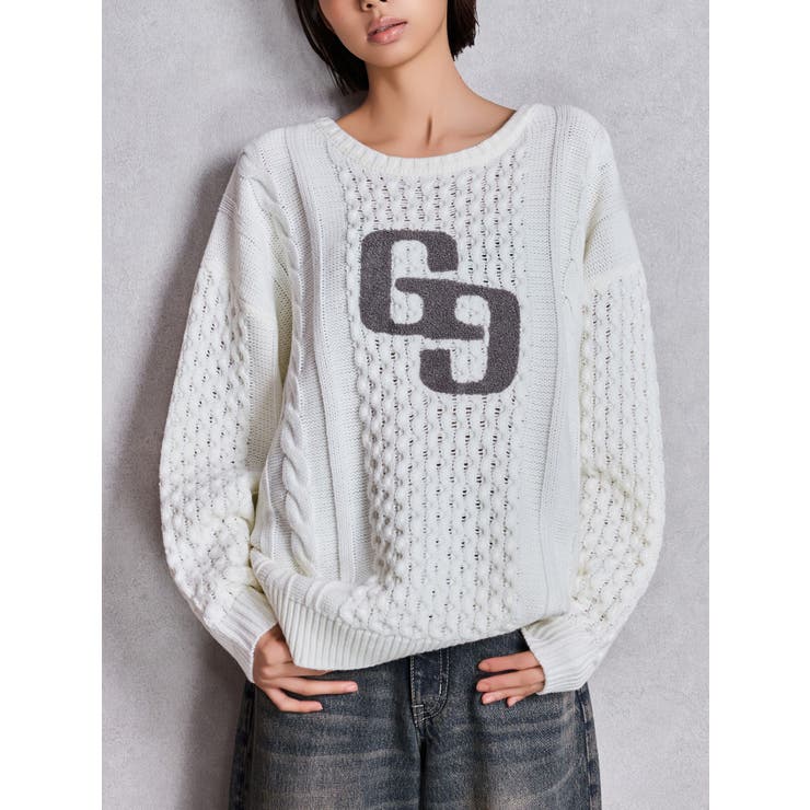 GGサガラ刺繍ケーブルニットトップス | GYDA | 詳細画像1 