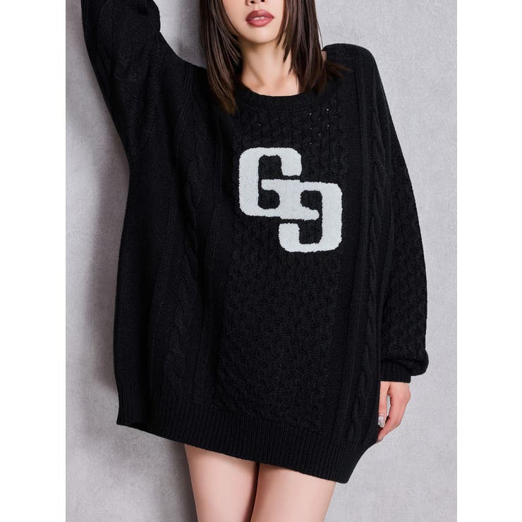 ブラック | GGサガラ刺繍ケーブルニットトップス | GYDA