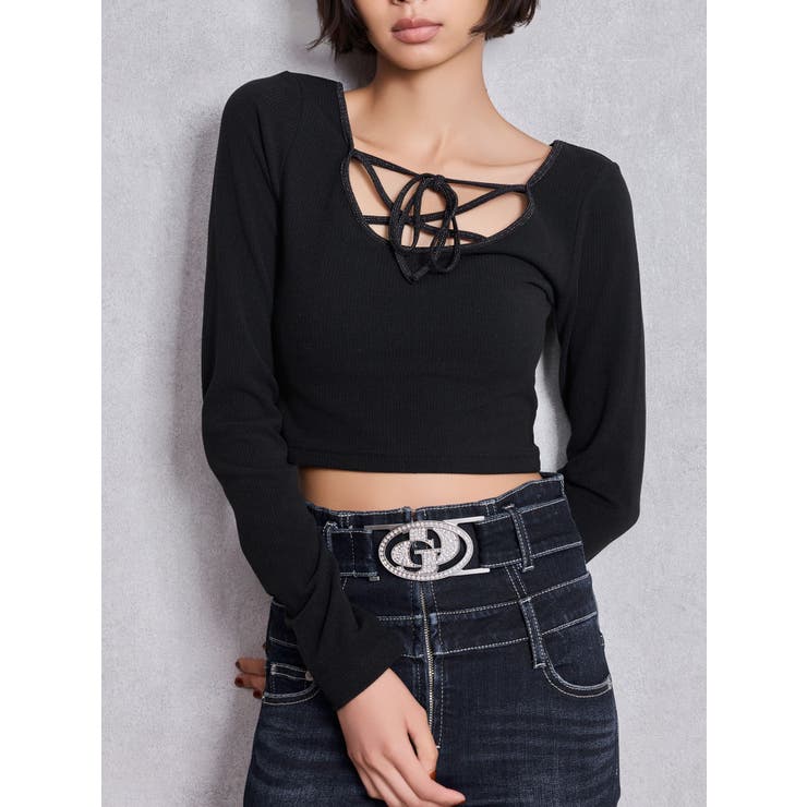 ブラック | 2WAYレースアップラメテレコトップス | GYDA