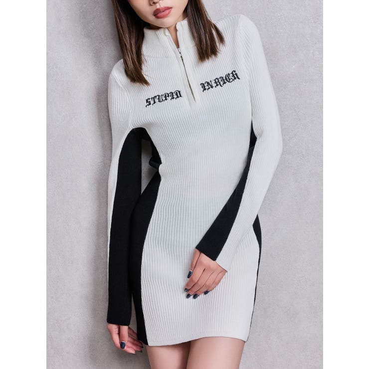 BICOLOR WIDE LINEハーフZIPニットワンピース[品番：MKSW0068160