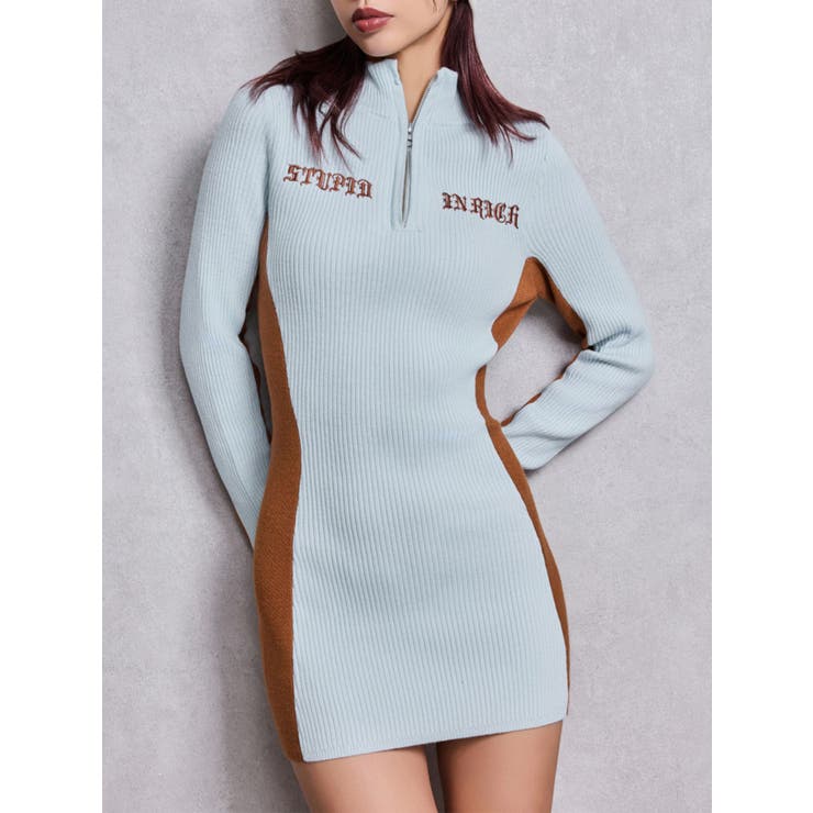 スカイブルー | BICOLOR WIDE LINEハーフZIPニットワンピース | GYDA