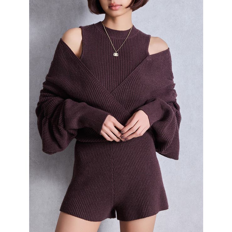 ブラウン | アームギャザーレイヤードニットロンパース | GYDA