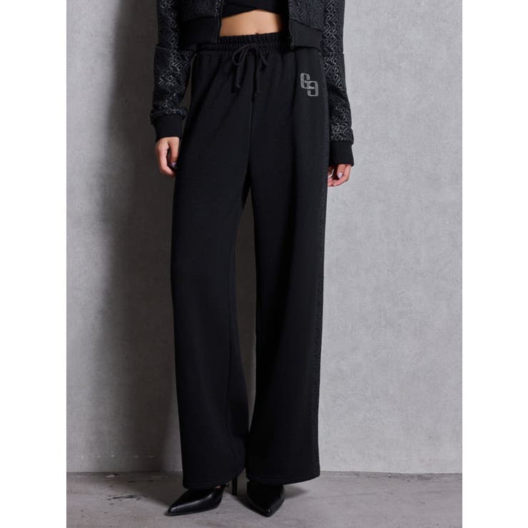 ブラック | GG chain glitter print straightパンツ | GYDA