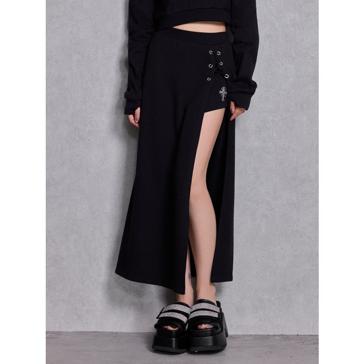 sacred edge crossレースアップロングスリットスウェットスカート | GYDA | 詳細画像2 