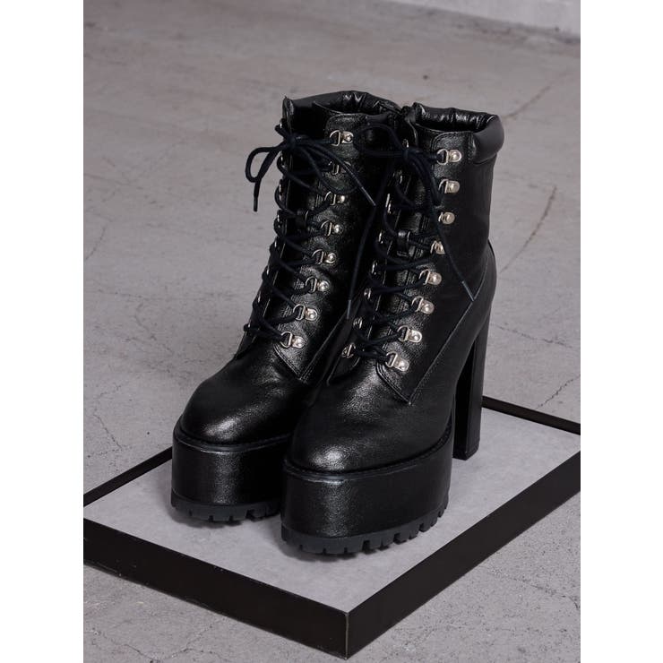 ブラック | shiny lace upタンクソールショートブーツ | GYDA