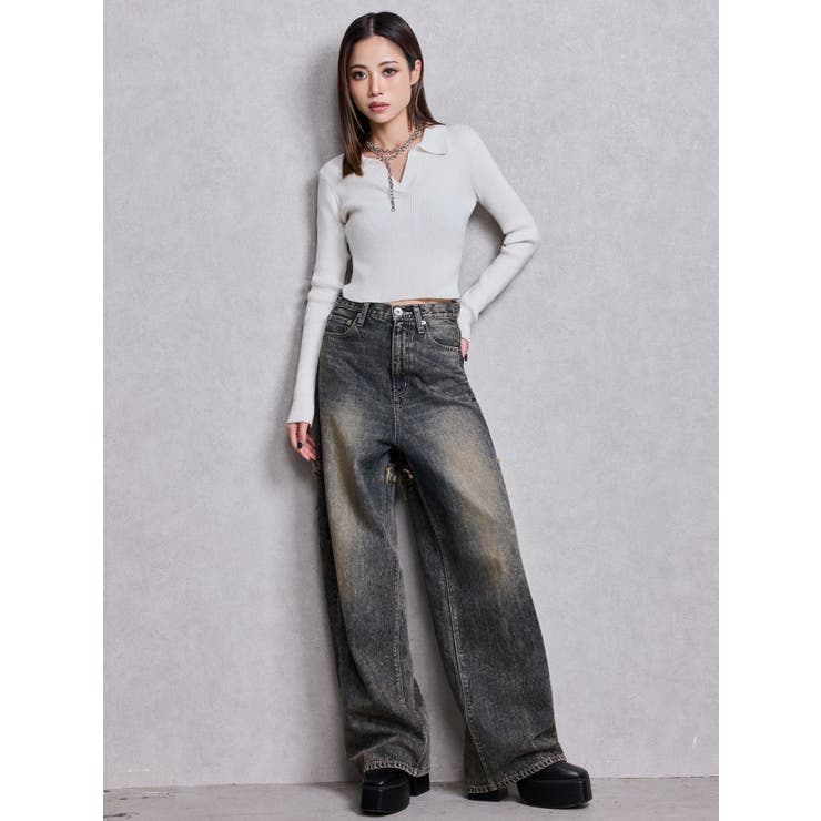 ハイウエストBACK CROSS POINTワイドデニムパンツ | GYDA | 詳細画像10 