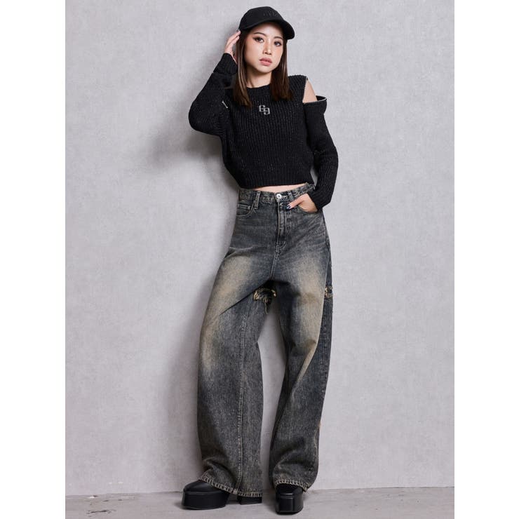 ハイウエストBACK CROSS POINTワイドデニムパンツ | GYDA | 詳細画像13 