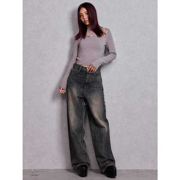 ハイウエストBACK CROSS POINTワイドデニムパンツ | GYDA | 詳細画像28 