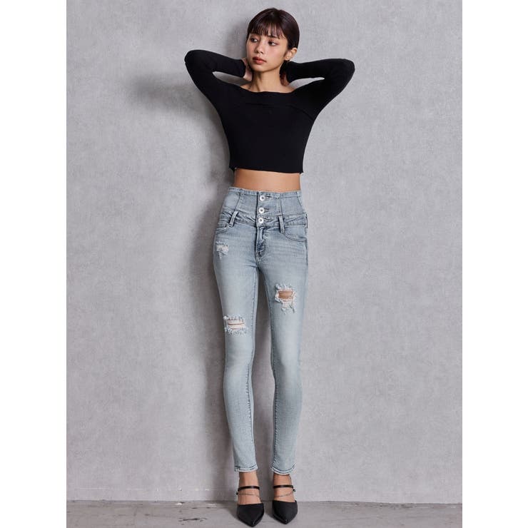 ハイウエストバッククロスダメージスキニーデニムパンツ | GYDA | 詳細画像4 