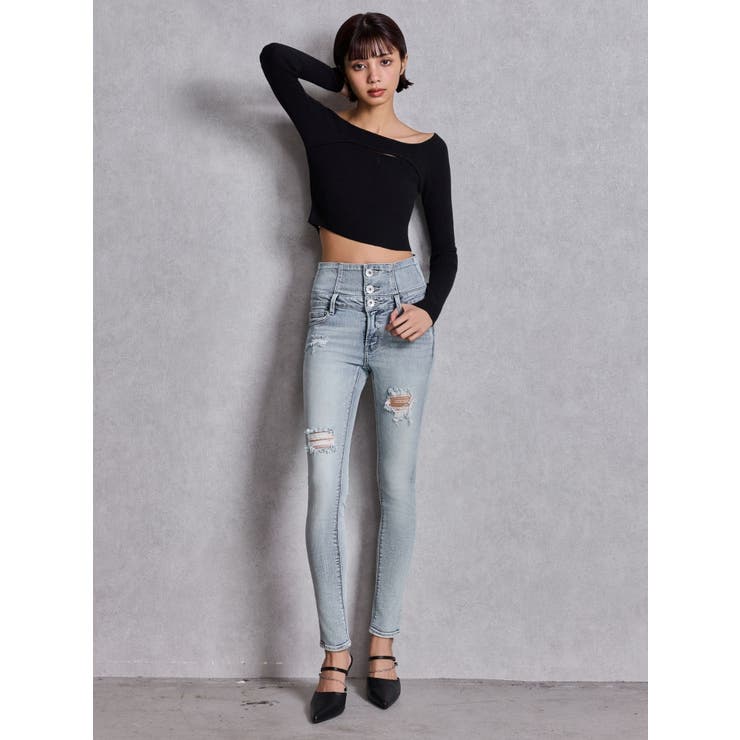 ハイウエストバッククロスダメージスキニーデニムパンツ | GYDA | 詳細画像5 