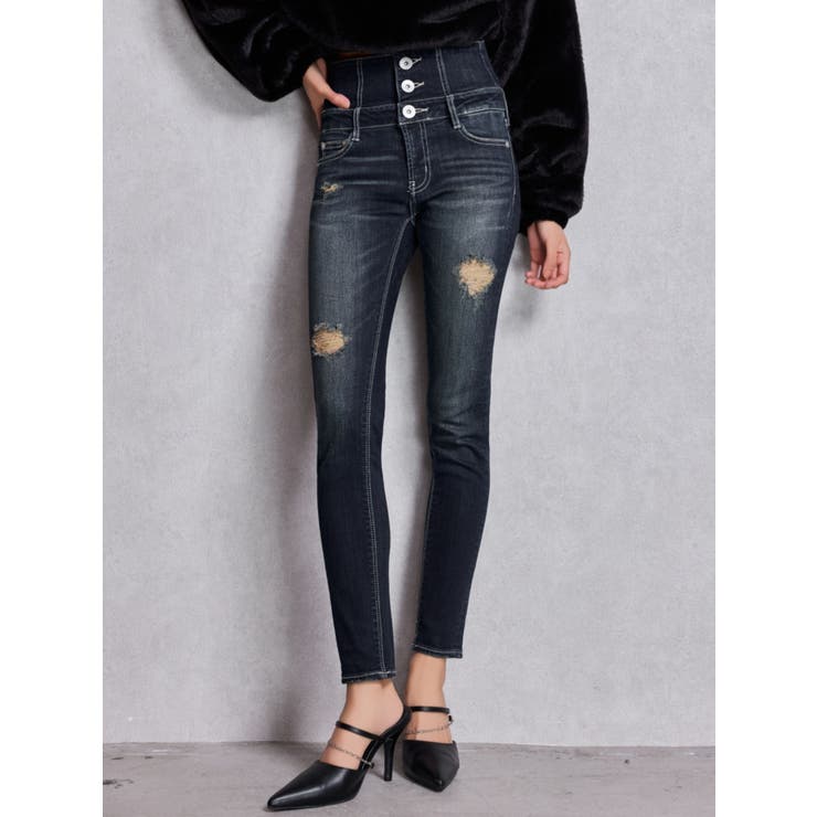 インディゴ | ハイウエストバッククロスダメージスキニーデニムパンツ | GYDA