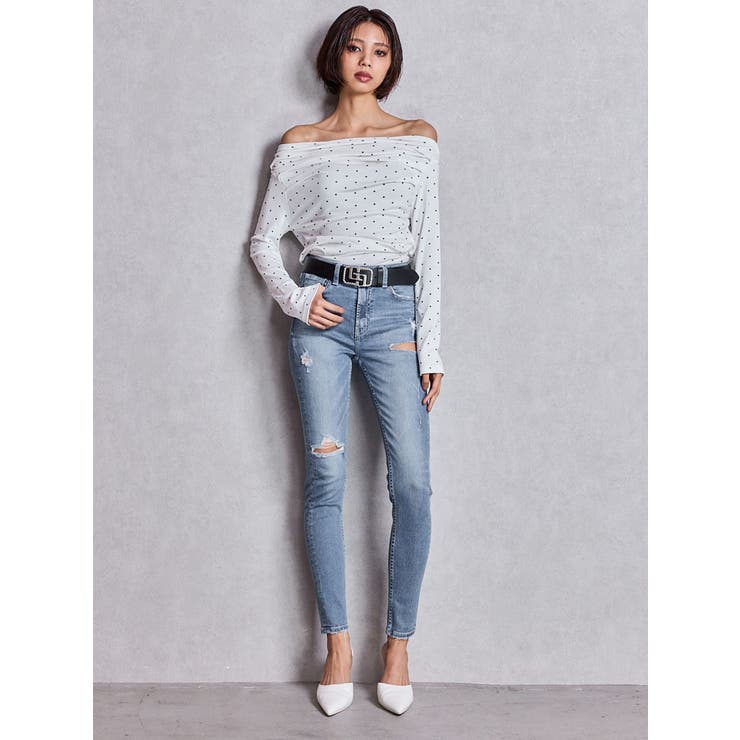 ミドルウエストSIDE RIPPEDスキニーデニムパンツ | GYDA | 詳細画像31 