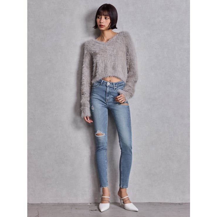 ミドルウエストSIDE RIPPEDスキニーデニムパンツ | GYDA | 詳細画像5 