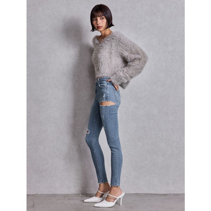 ミドルウエストSIDE RIPPEDスキニーデニムパンツ | GYDA | 詳細画像6 