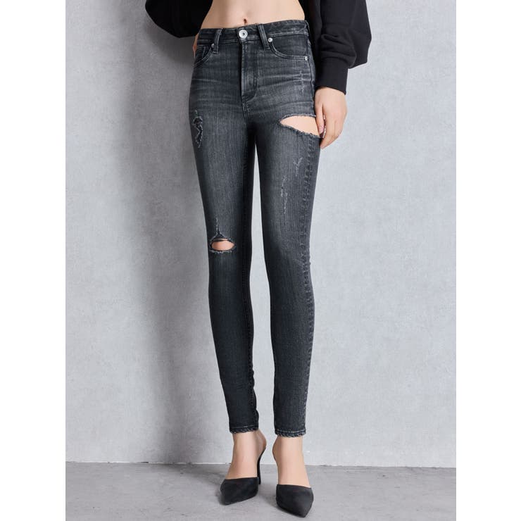 ブラック | ミドルウエストSIDE RIPPEDスキニーデニムパンツ | GYDA