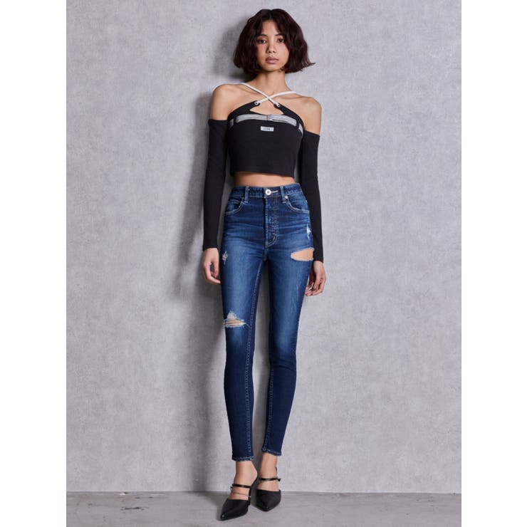 ハイウエストSIDE RIPPED スキニーデニムパンツ | GYDA | 詳細画像3 