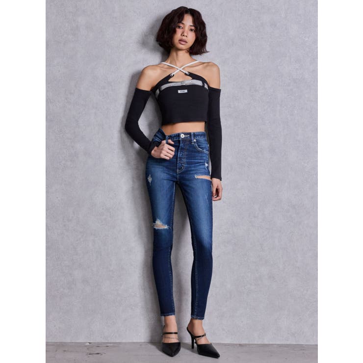 ハイウエストSIDE RIPPED スキニーデニムパンツ | GYDA | 詳細画像4 