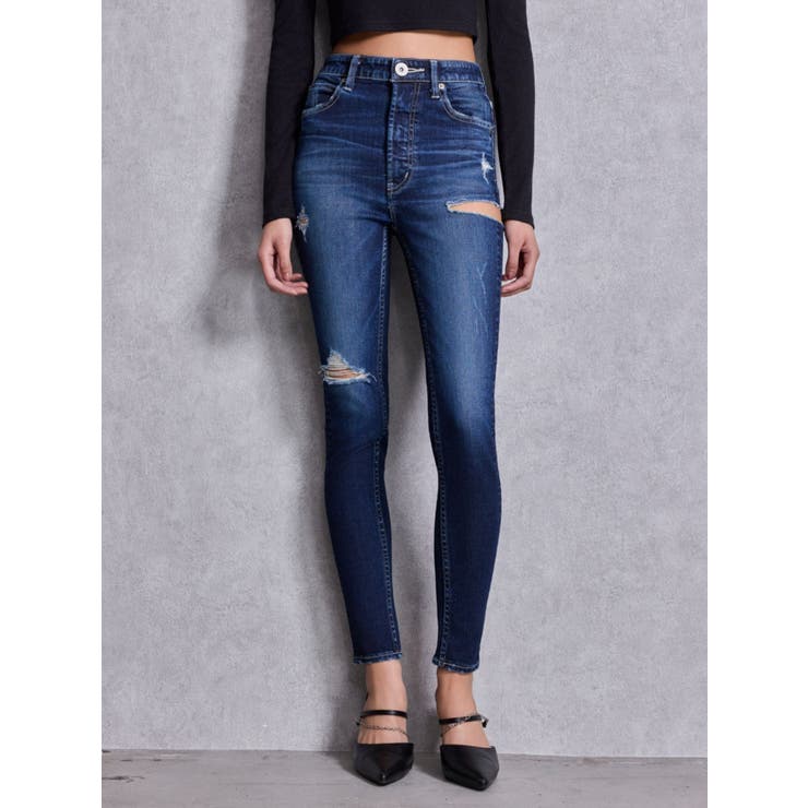 インディゴ | ハイウエストSIDE RIPPED スキニーデニムパンツ | GYDA