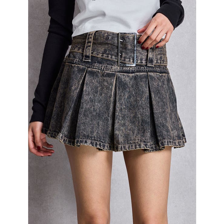 ハイウエストWIDE BELTプリーツデニムスカートライクショートパンツ | GYDA | 詳細画像23 