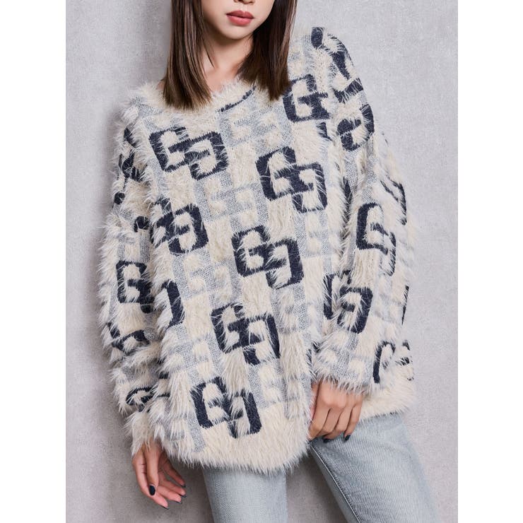 アイボリー | GG PATTERN MIXシャギーニットトップス | GYDA