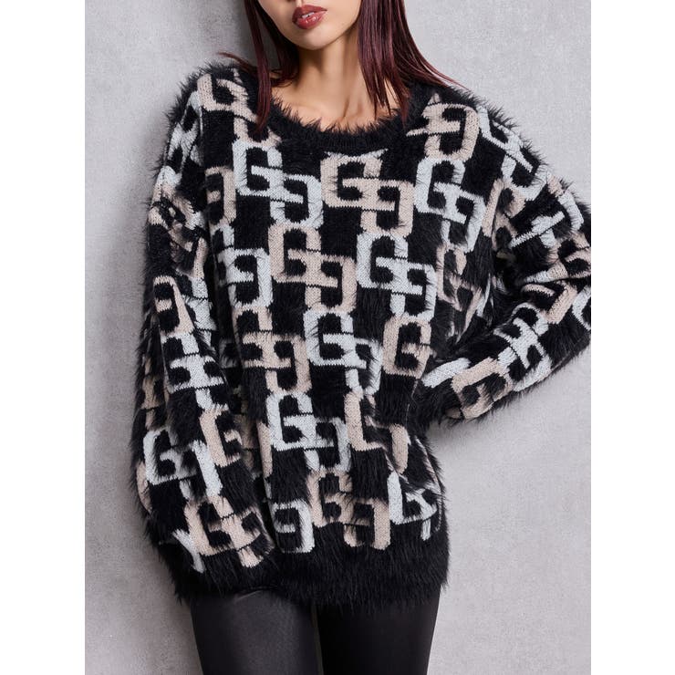 ブラック | GG PATTERN MIXシャギーニットトップス | GYDA