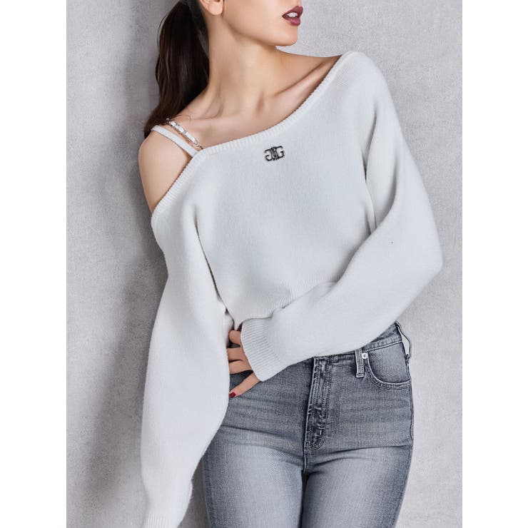 オフホワイト | Symmetry GYDAワンショルチェーンニットトップス | GYDA