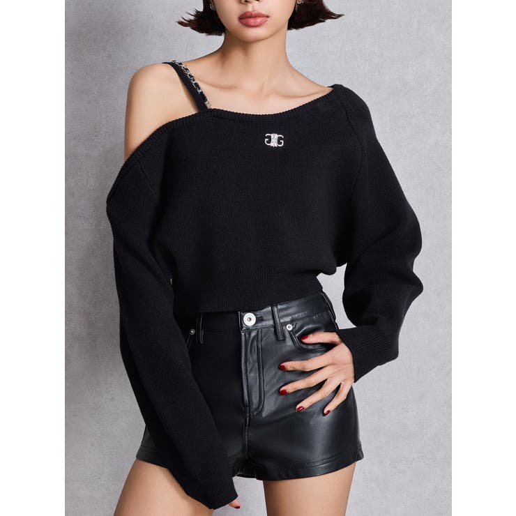 ブラック | Symmetry GYDAワンショルチェーンニットトップス | GYDA