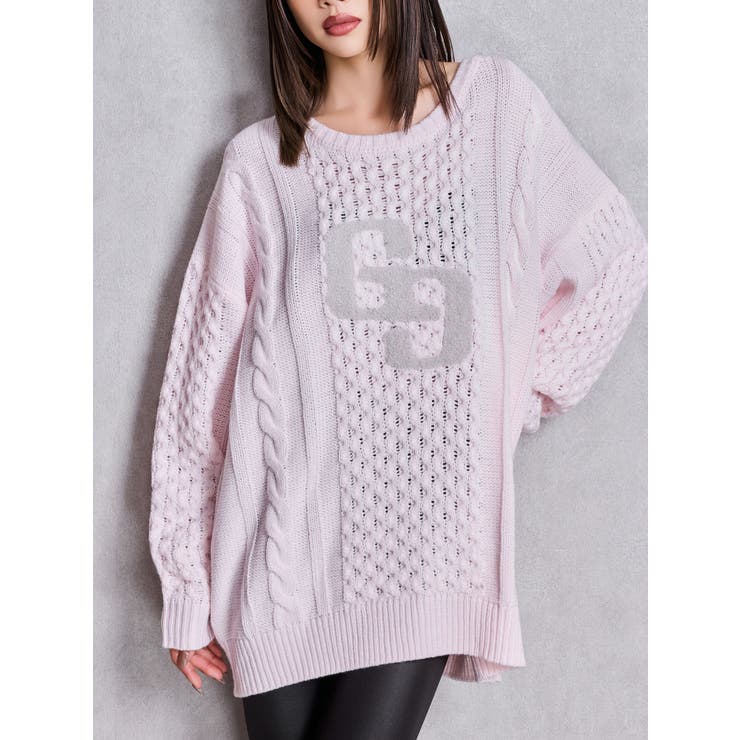 ピンク | GGサガラ刺繍ケーブルニットトップス | GYDA