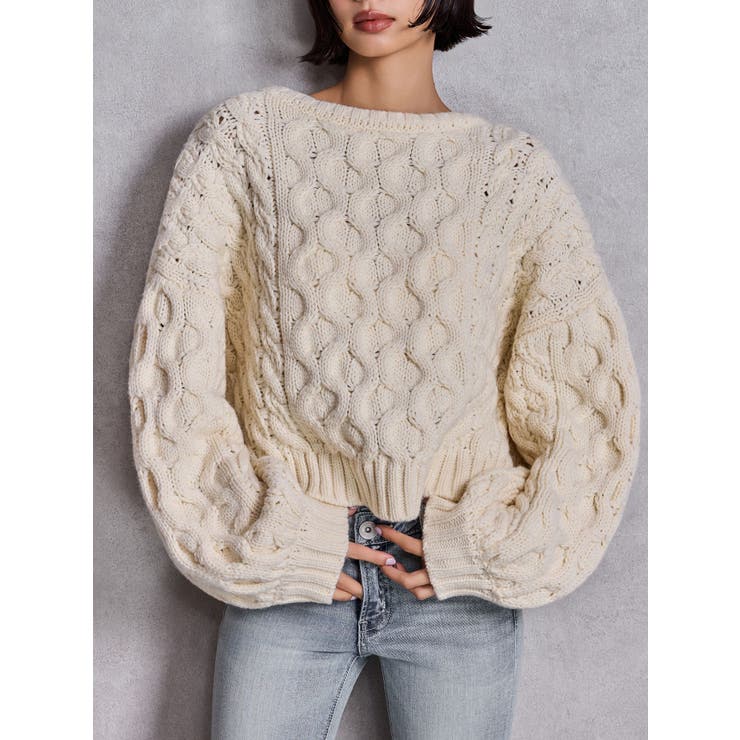 アイボリー | ケーブルクルーネックニットトップス | GYDA