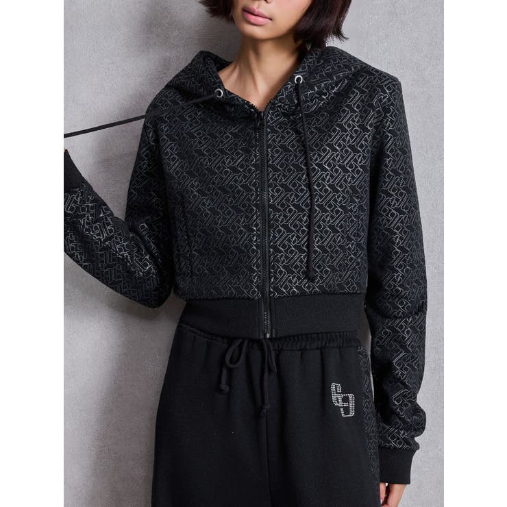 ブラック | GG chain glitter print shortパーカー | GYDA