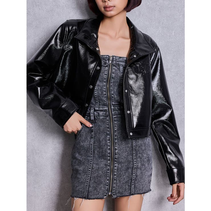 ブラック | Symmetry GYDA EMBOSSパテントフェイクレザーショートジャケット | GYDA