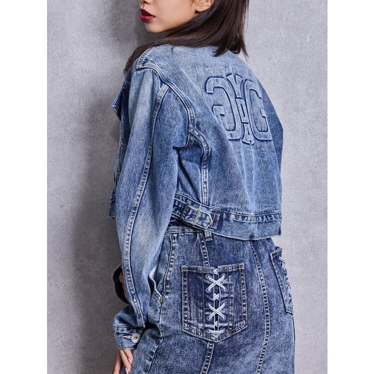 ブルー | Symmery GYDA EMBOSSノーカラーデニムショートブルゾン | GYDA