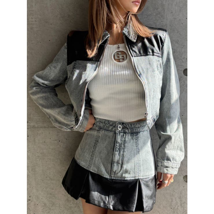 【TINY】フェイクレザードッキングデニムZIPショートジャケット | GYDA | 詳細画像1 