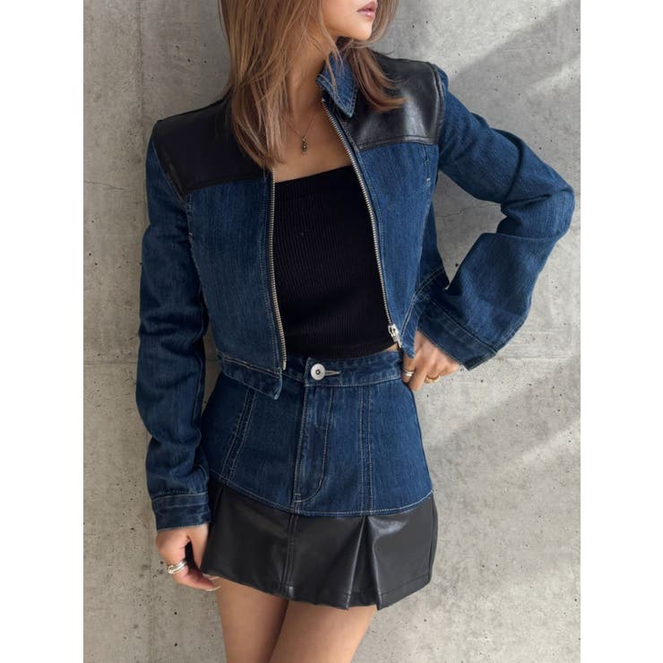 【TINY】フェイクレザードッキングデニムZIPショートジャケット | GYDA | 詳細画像12 
